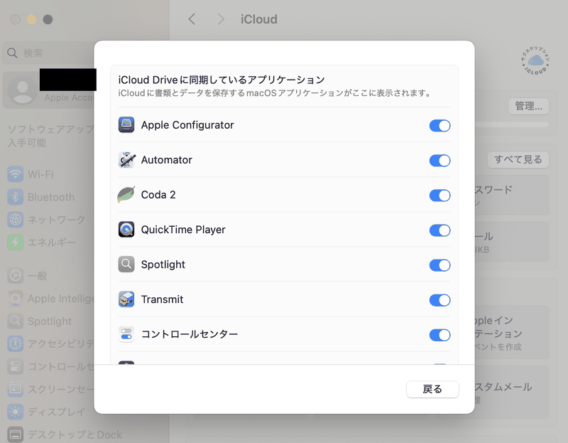 iCloud Driveに同期するアプリケーションを選択するオプション画面