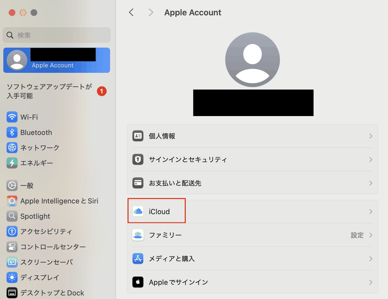 Macのシステム設定の「AppleID/Appleアカウント」画面で「iCloud」を選択した画面