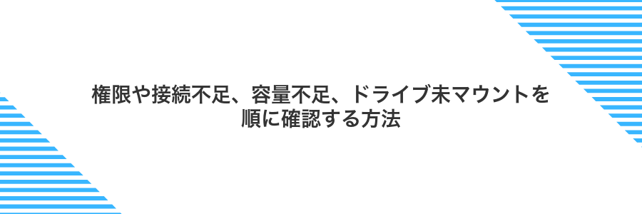 権限や接続不足、容量不足、ドライブ未マウントを順に確認する方法